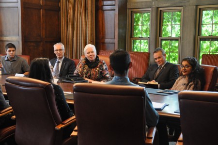 Seated between U of G president Franco Vaccarino (left) and Food Institute director Evan Fraser, lieutenant-governor Elizabeth Dowdeswell took part in a Food Institute discussion 