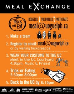 Trick or Eat poster - contact meal@uoguelph.ca to register