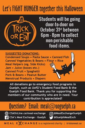 Trick or Eat poster - contact meal@uoguelph.ca for details on how you can help