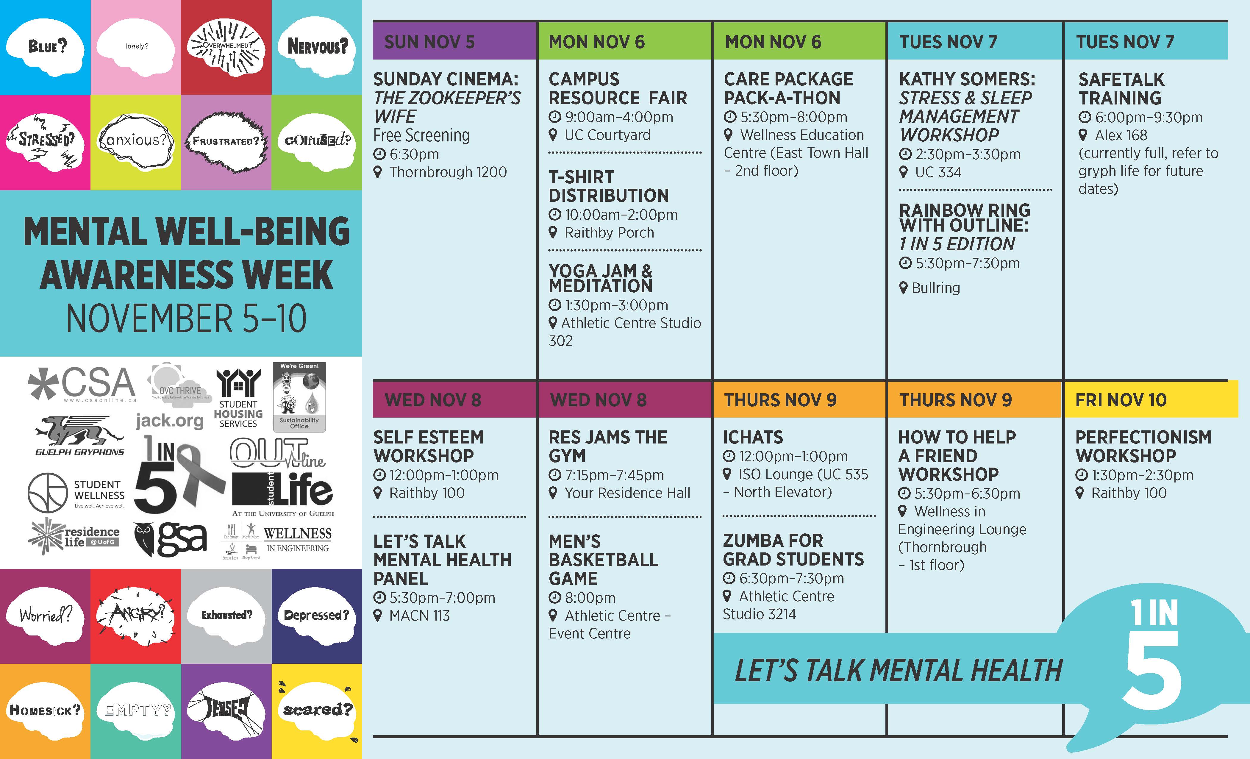 Calendar listing events for 1 in 5 Mental Wellbeing Week
