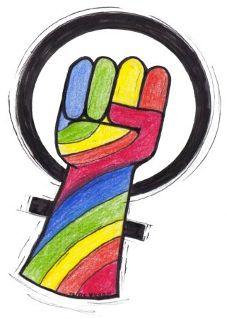 Women's Day Conference logo - rainbow fist over female symbol
