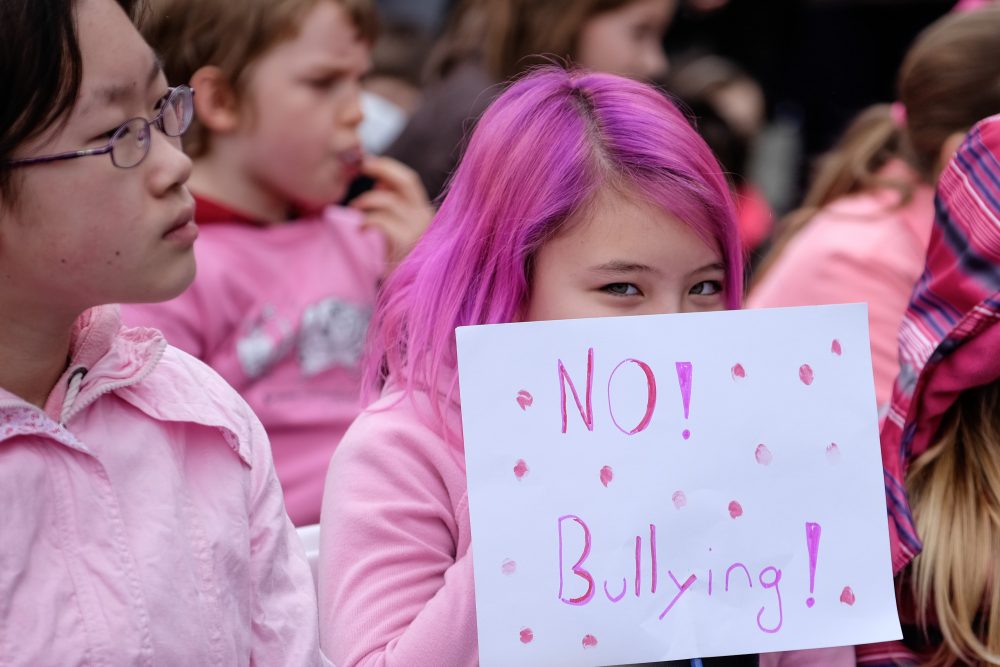 Students on the steps of the B.C. legislature take part in Pink Shirt Day