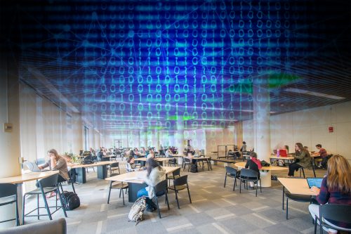 Students at desks in the library with overlay of binary numbers