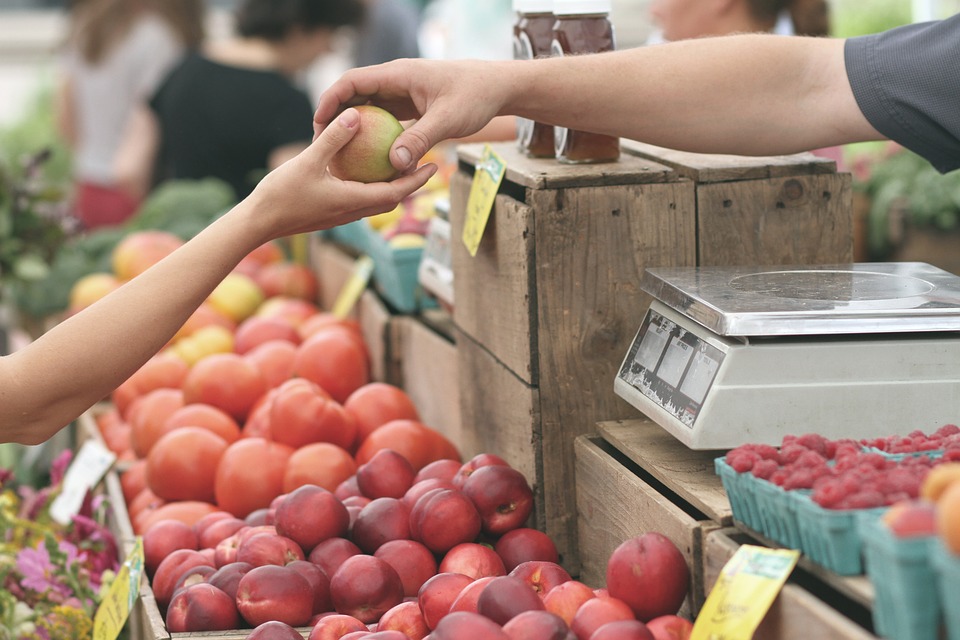 farmers market stall, customer's hand reaching over stacks of fruit to pass an apple to a vendor at the market