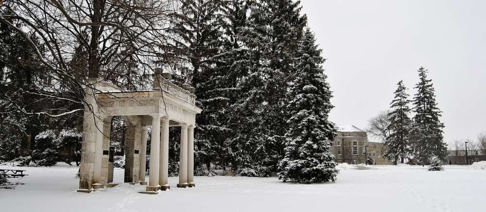 The portico on the University of Guelph campus in winter
