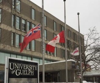 Flags at half-mast in front of the University Centre