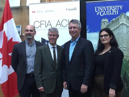 Robert Hanner, principal investigator (left); Malcolm Campbell, vice-president (research); Lloyd Longfield, MP for Guelph; Amanda Naaum, researcher 
