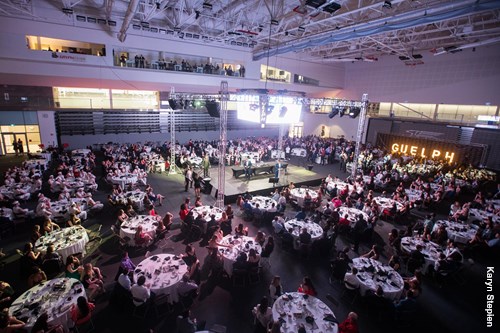 Tables and stage at the 2018 Gryphon Athletics banquet
