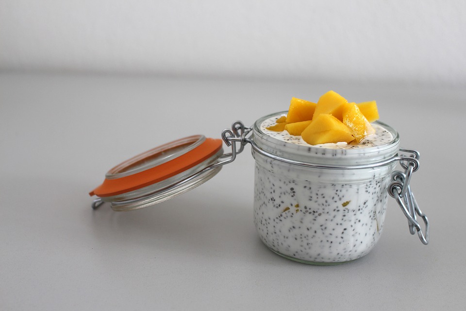 chia seed pudding with mango on top