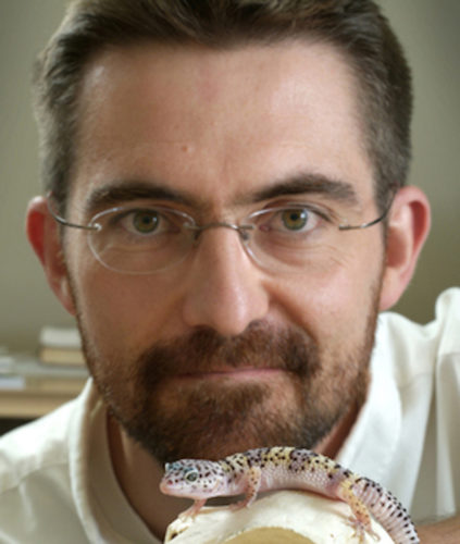 Portrait of Matthew Vickaryous with a gecko