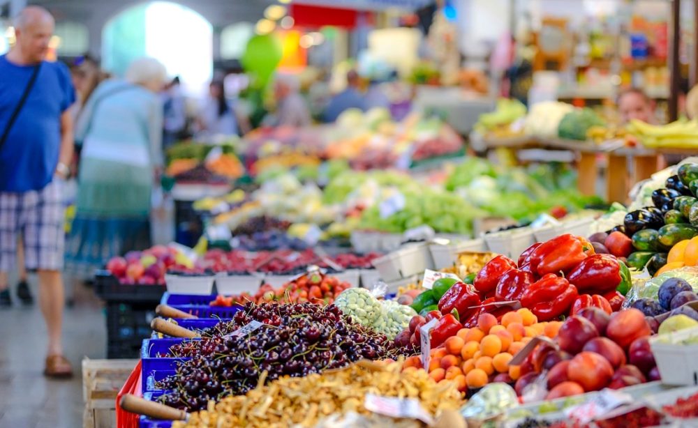 fruit stands at a farmers market