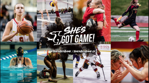 A collage of photos of 8 student-athletes with stylized words She's Got Game over top
