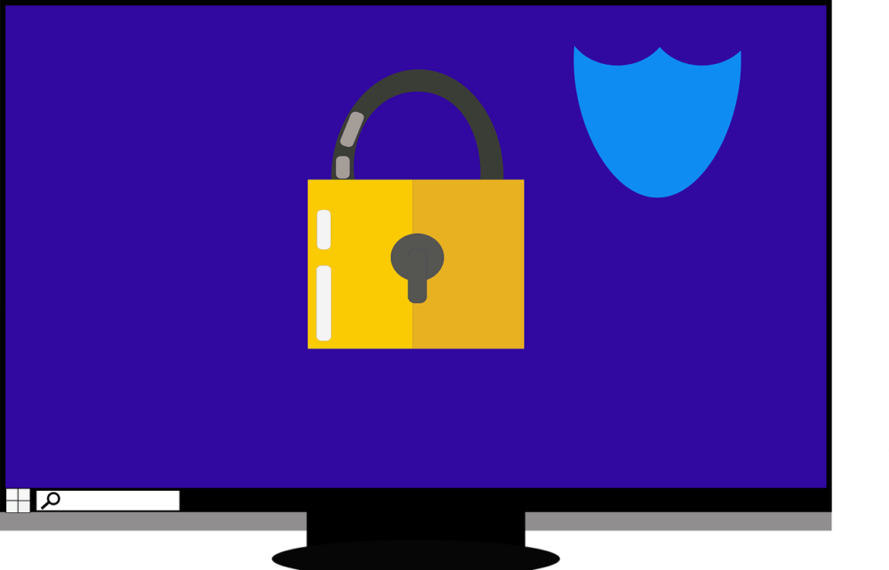 Lock and security badge on computer screen