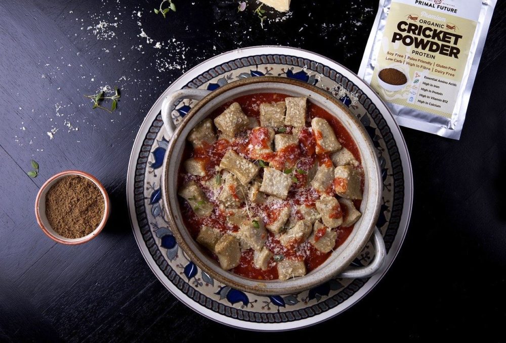 A packet of cricket powder sits beside a bowl of food