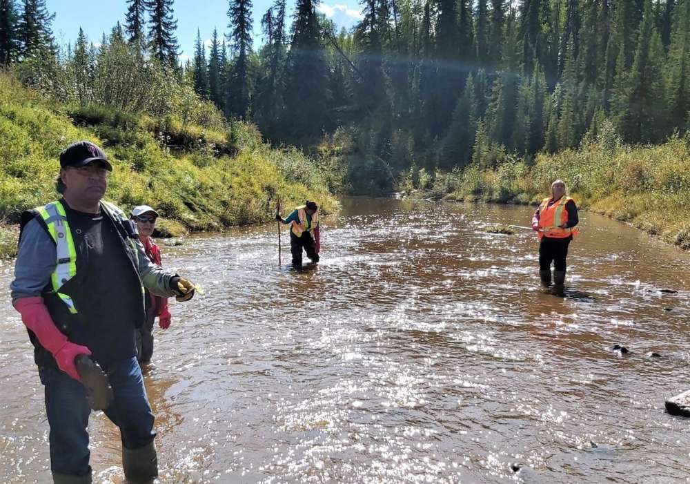 Three people wearing vests and gloves stand in a river.