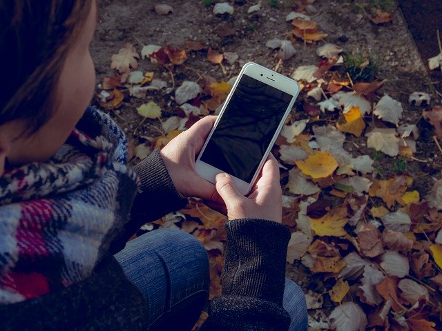 Student using a smartphone in fall