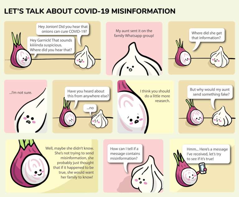 Cartoon featuring conversation about COVID-19 between onion and garlic