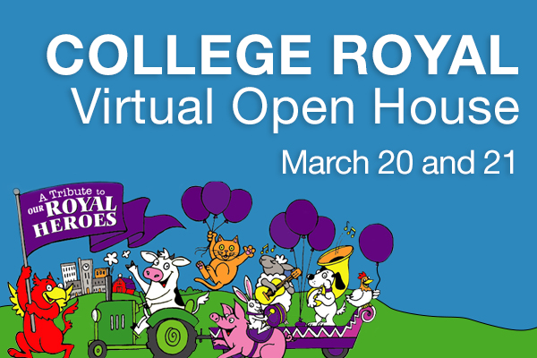A cartoon images of farm animals. Text reads: College Royal Virtual Open House March 20 and 21