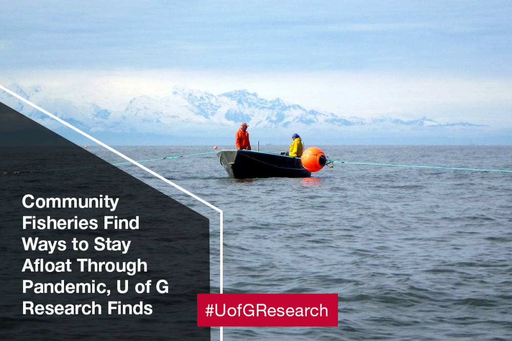 A small boat with two aboard is seen in the waters near Alaska
