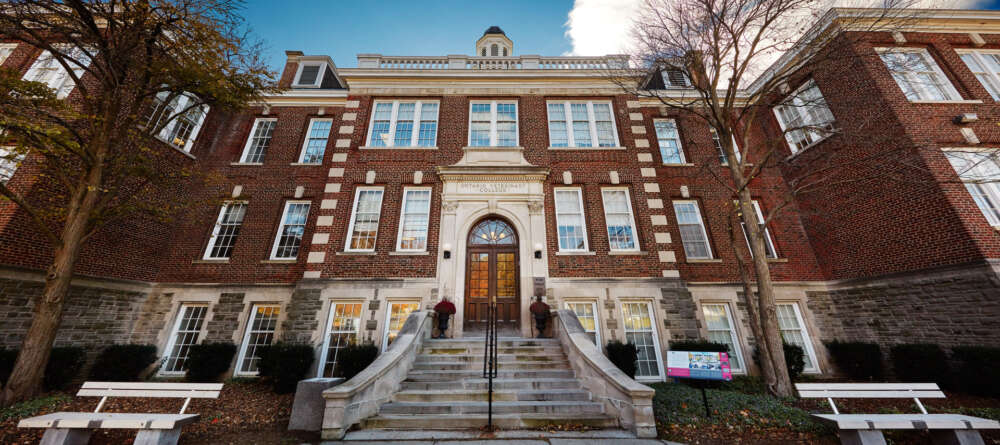 A wide-angle view of the frong entrance of the Ontario Veterinary College main building