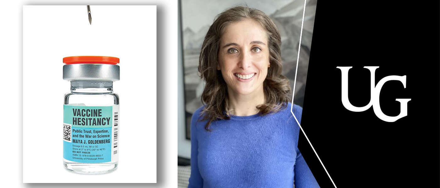 The cover of "Vaccine Hesitancy" and a photo of Dr. Maya Goldenberg in purple sweater