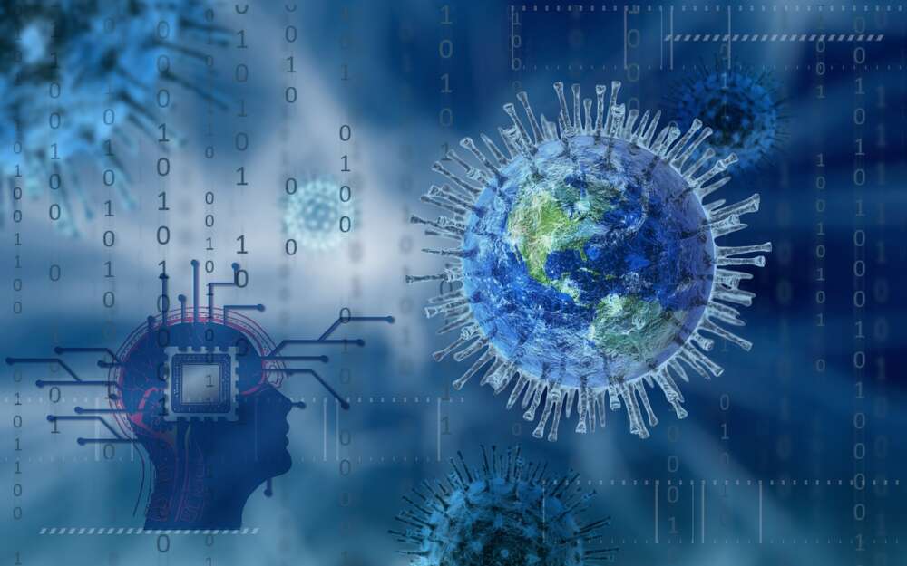 Blue graphic shows a rendering of a coronavirus and transistor graphics