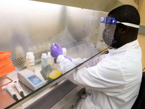 Dr. Lawrence Goodridge wears gloves, mask and face shield while testing wastewater samples