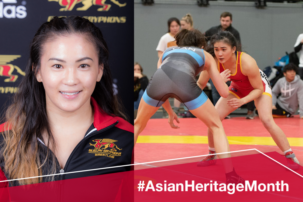 A photo Natassya Lu smiling at camera beside a photo of her in a wrestling match