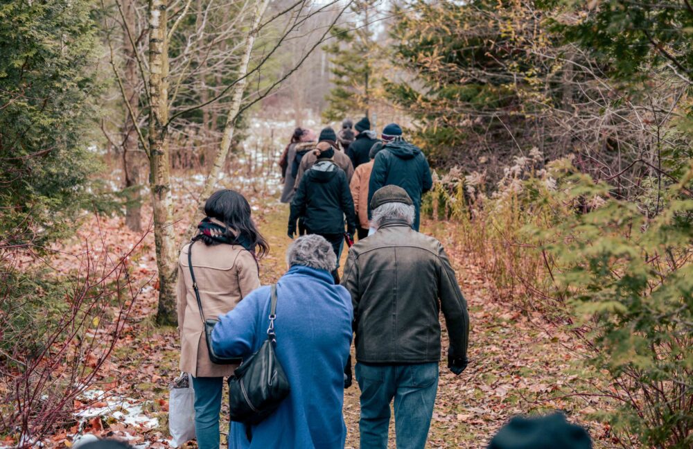 A group of people on a trail through woods