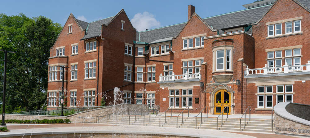 A wide shot of the Lang Plaza and fountain