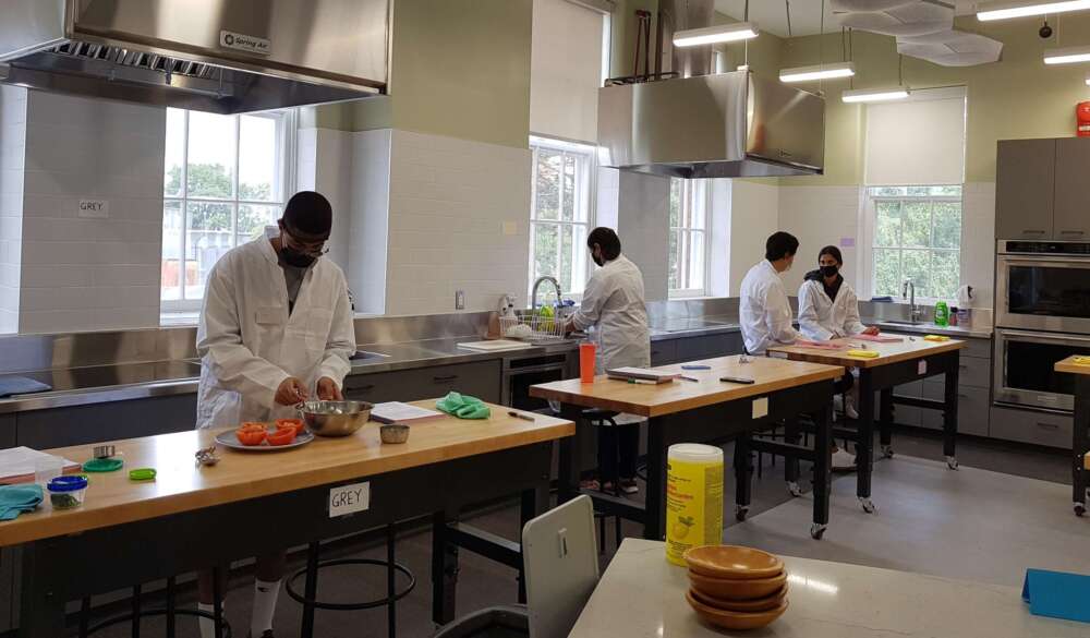interior of food lab with four students