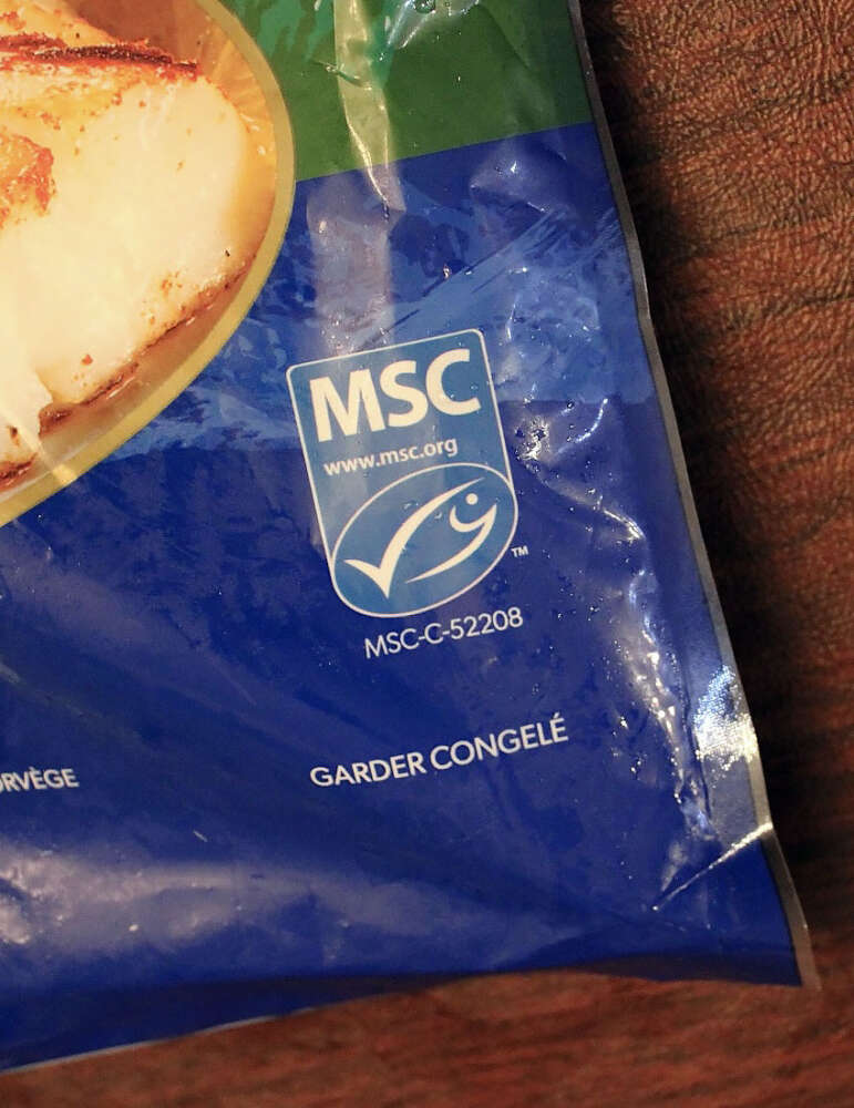 a closeup of the MSC label on a package of frozen fish