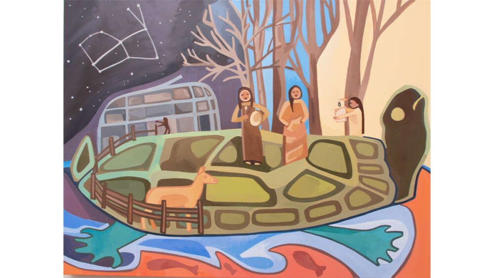Painting whos two women with drums on a giant turtle with constellations in the sky behind them
