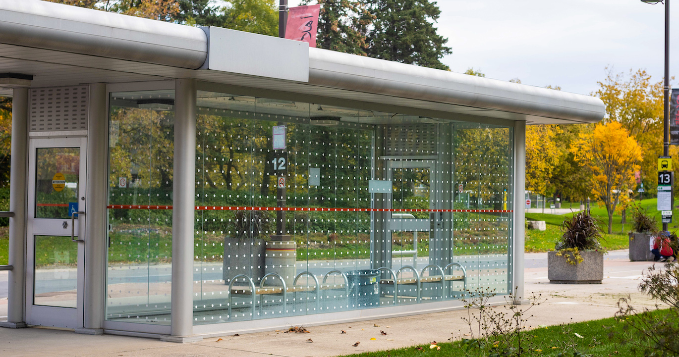 A bus shelter on the U of G campus with BirdSafe dot stickers on its windows