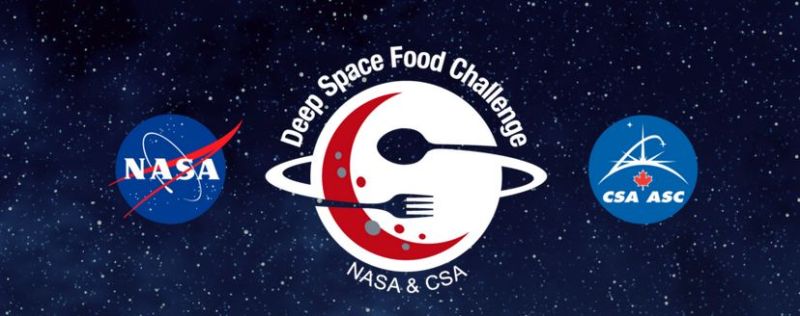 The logos of deep space food challenge, NASA and CSA against a starry sky background