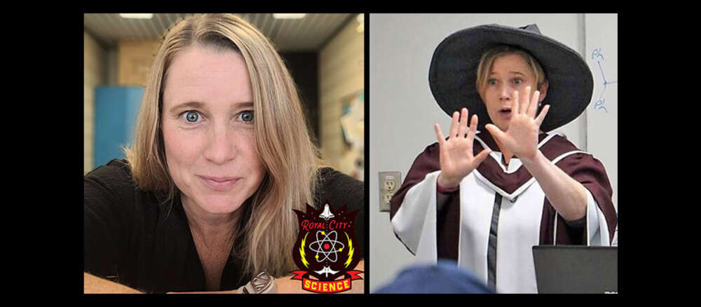 A closeup of Dr. Joanne O'Meara and a phtoofo her in a witch's costume demonstrating science