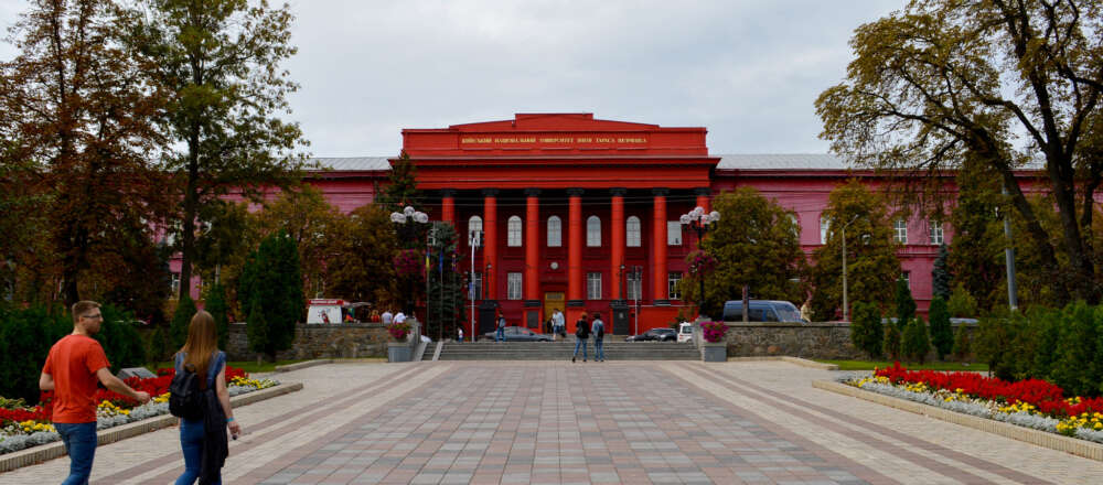 A red building at the Taras Shevchenko National University of Kyiv, Ukraine.