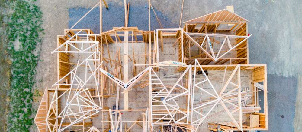 An aerial view of a house being built.