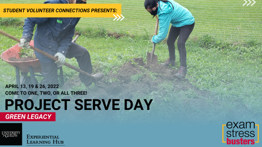 The promotional poster for the upcoming Project Serve Days with Green Legacy. The image is of two people digging a hole and putting dirt into a wheelbarrow. The text reads: "Student Volunteer Connections Presents: April 13, 19 & 26, 2022, Come to One, Two or All Three! Project Serve Day Green Legacy." The Experiential Learning Hub logo is in the bottom left corner, and in the bottom right corner is a graphic with the words "Exam stress busters."
