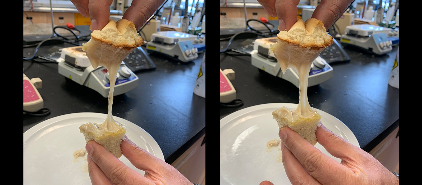 Two photos of a hand pulling apart a melty grill cheese made with plant-based cheese