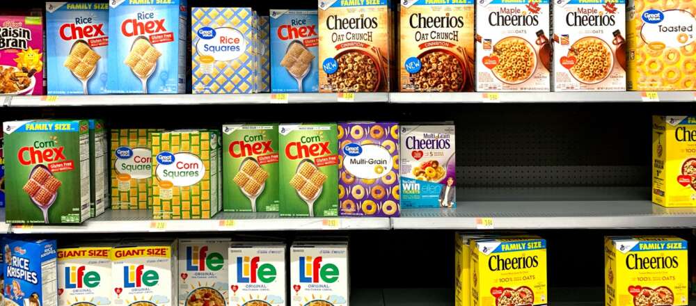 Boxed cereal on shelves at Walmart.
