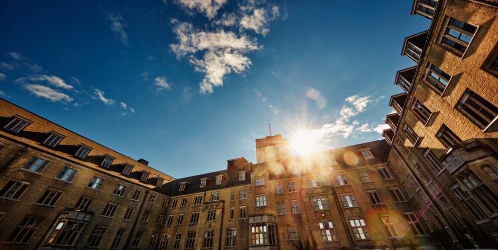 A setting sun over a building on the U of G campus