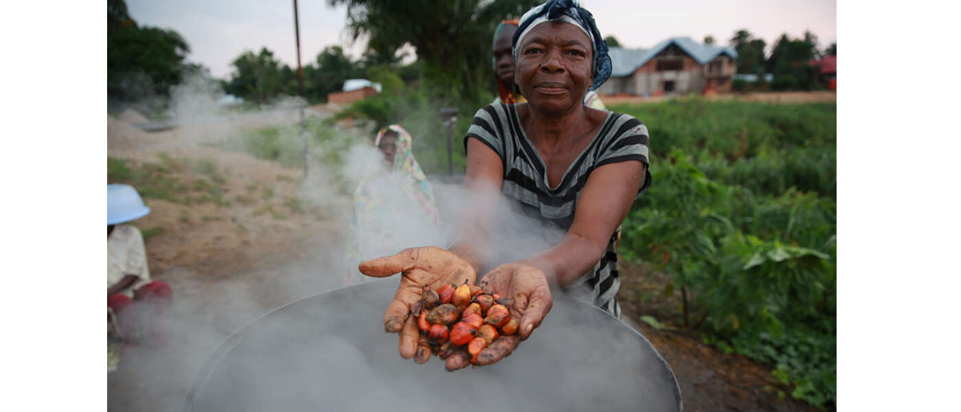 A Congolese woman holds out palm kernels in the palm of her hand