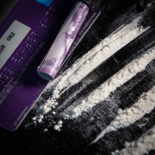 Lines of cocaine-like powder are shown next to a credit card and a rolled up dollar bill
