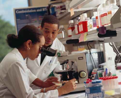 Woman in lab coat looks through a microscope as a man looks on