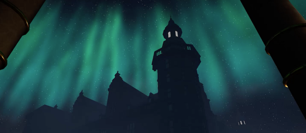 A castle in shadow stands in front of green northern lights in Denmark