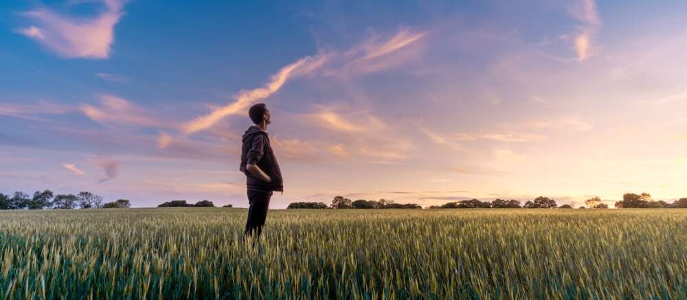 man on grass field looking at sky