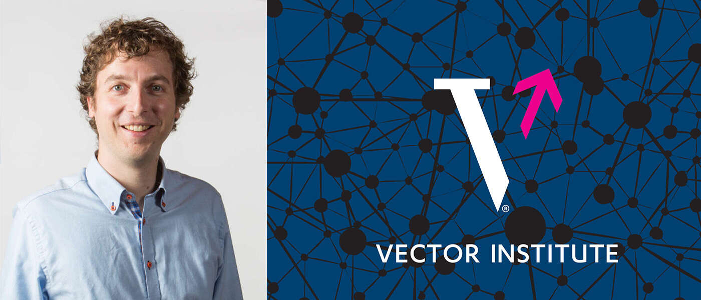 A headshot of Dr. Graham Taylor and the Vector Institute logo which features a large V against a blue background