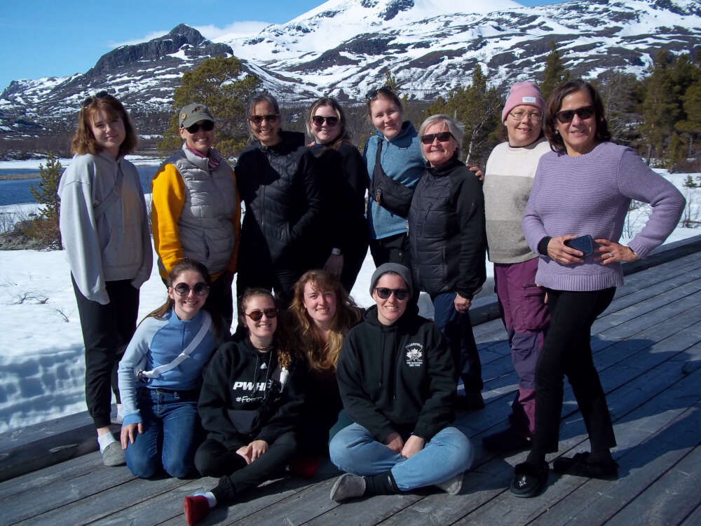 A large group of people pose for a photo in front of mountains in Sweden.