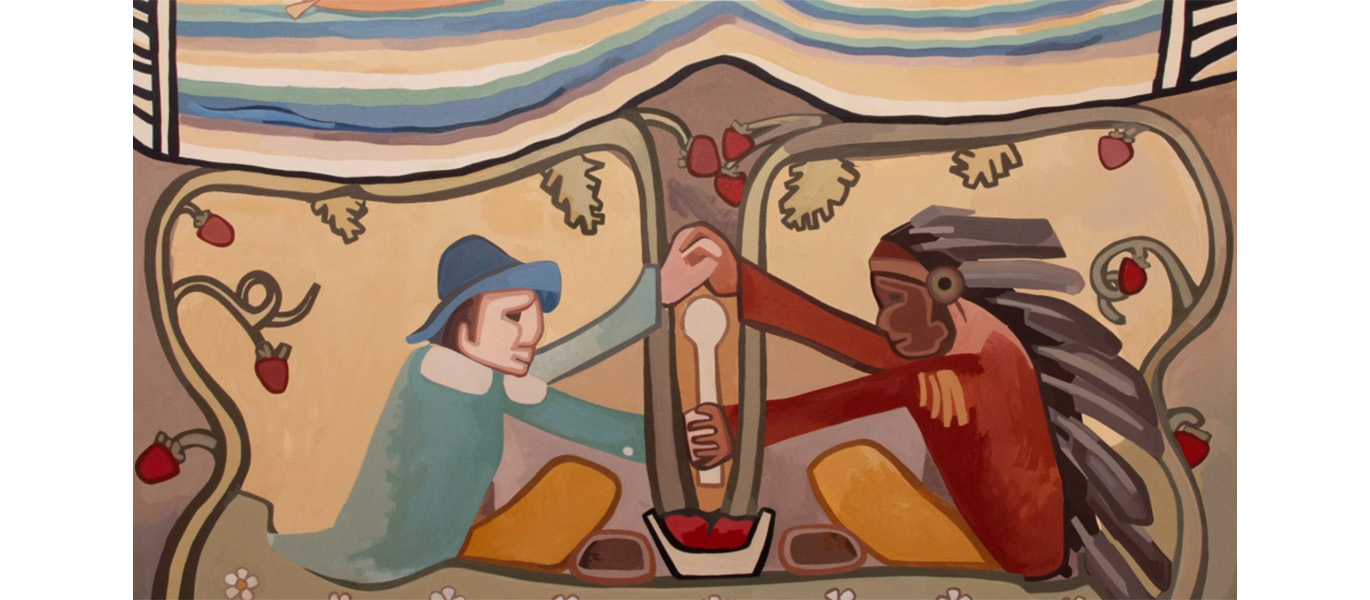 A painting showing a pilgrim figure and an Indigenous figure in a headdress h9olding a large spoon together
